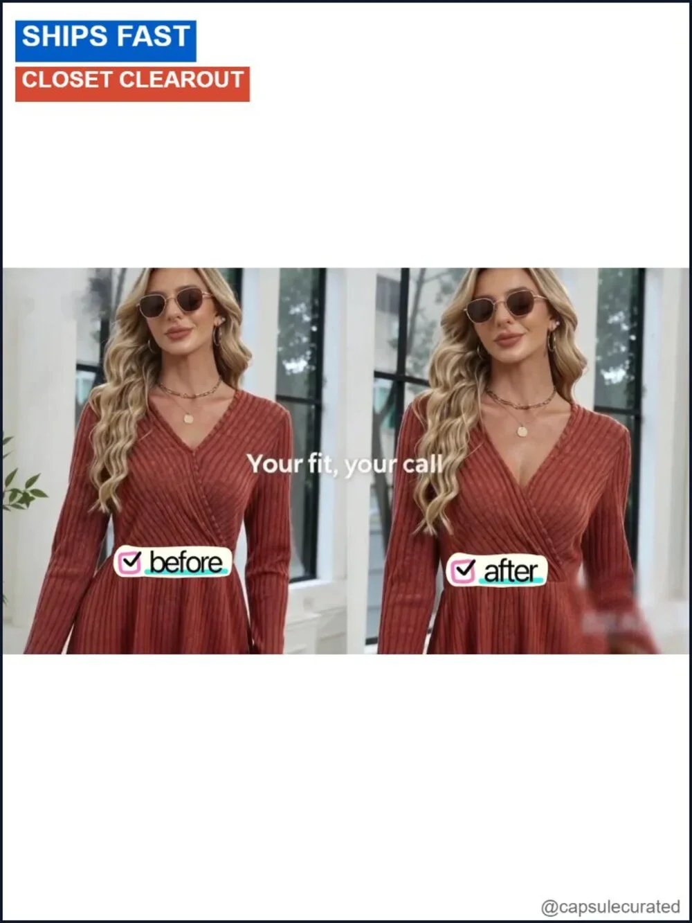 Womens Long Sleeve Wrap Sweater Dress Ribbed Knit V Neck with Pockets